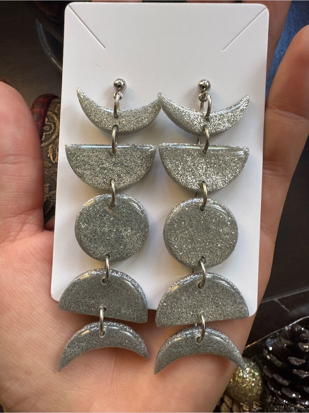 Silver Glitter Moon Phase Earrings - Picture 2 of 2